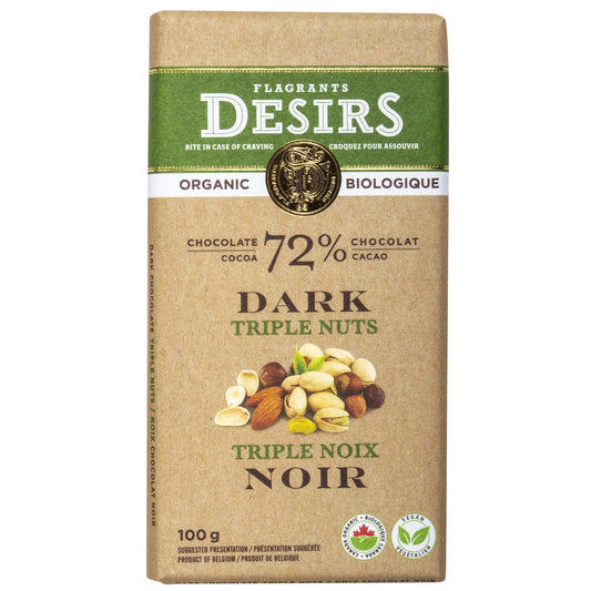 Tablette biologique de chocolat noir (72 % cacao) triple noix 100g