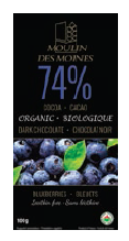 Tablette biologique de chocolat noir (74 % cacao) aux bleuets 100g