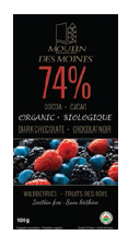 Tablette biologique de chocolat noir (74 % cacao) aux fruits des bois 100g