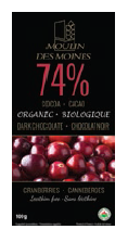 Tablette biologique de chocolat noir (74 % cacao) aux canneberges 100g