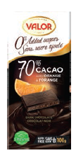 Tablette de chocolat noir (70 % cacao) sans sucre ajouté à l’orange 100g
